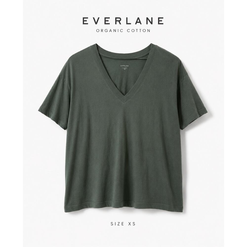 Everlane Organic Cotton V Neck Tee XS Green Slouchy Relaxed T Shirt NWT Flaws